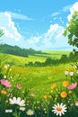 Cartoon meadow spring country meadow landscape background of a springtime green pasture field with a blue summer sky and fluffy Royalty Free Stock Photo