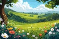 Cartoon meadow spring country meadow landscape background of a springtime green pasture field with a blue summer sky and fluffy Royalty Free Stock Photo
