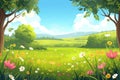 Cartoon meadow spring country meadow landscape background of a springtime green pasture field with a blue summer sky and fluffy