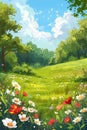 Cartoon meadow spring country meadow landscape background of a springtime green pasture field with a blue summer sky and fluffy