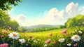 Cartoon meadow spring country meadow landscape background of a springtime green pasture field with a blue summer sky and fluffy