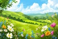 Cartoon meadow spring country meadow landscape background of a springtime green pasture field with a blue summer sky and fluffy Royalty Free Stock Photo