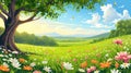 Cartoon meadow spring country meadow landscape background of a springtime green pasture field with a blue summer sky and fluffy