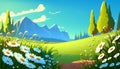 Cartoon meadow spring country meadow landscape of a springtime green pasture field with a blue summer sky, fluffy summertime