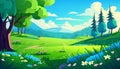 Cartoon meadow spring country meadow landscape of a springtime green pasture field with a blue summer sky, fluffy summertime Royalty Free Stock Photo