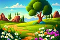 Cartoon meadow spring country lane landscape background