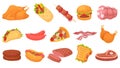 Cartoon meat food. Fried chicken legs, burger and grilled steak. Beacon, hot dogs and sausages. Burrito, taco and Royalty Free Stock Photo