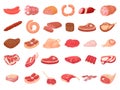 Cartoon meat products. Chicken, sausages and sausages. Steaks, pork bacon and ribs vector set Royalty Free Stock Photo