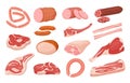 Cartoon meat products. Fresh pork sausages, raw steak, salami slices, ham, bacon, lamb leg. Barbecue product cooking Royalty Free Stock Photo