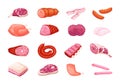 Cartoon meat products. Raw farm pork, beef steak, chicken and lamb, sausage, bacon and salami, different gastronomic