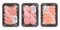 Cartoon meat sausages on plastic tray. Packed with vacuum plastic packaging meat semi-finished and sausages flat vector