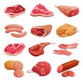 Cartoon meat set. Pork, beef and lamb raw meat products and sausages, jerky vector isolated icons