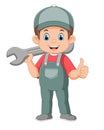 Cartoon mechanic holding a huge wrench Royalty Free Stock Photo