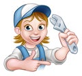 Cartoon Mechanic Plumber Woman Holding Spanner