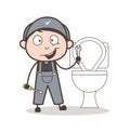 Cartoon Mechanic Repairing Toilet Seat Vector Illustration