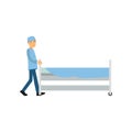 Cartoon medical orderly in blue uniform pushing hospital bed by corridor Royalty Free Stock Photo