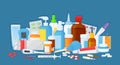 Cartoon medical products, pharmacy drugs, pills and tablets. Medicine bottles, blisters and capsules, various