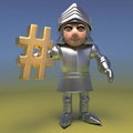 Cartoon medieval armoured knight holding a hashtag symbol, 3d illustration