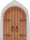 Cartoon medieval castle entrance gates and dungeon door. Old wooden doors with stone surround, ancient castles doorway