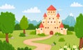 Cartoon medieval castle, fairytale landscape with princess palace. Magic kingdom fortress in forest, children fairy tale