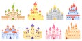 Cartoon medieval castles, fairytale princess castle towers. Fantasy kingdom magic palace, king fortress, gothic mansion