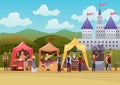 Cartoon medieval fair. Middle ages or fairy tale fair market with characters standing in costumes. Sell various products Royalty Free Stock Photo