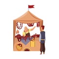 Cartoon medieval fair. Middle ages or fairy tale fair market with characters standing in costumes. Sell various food