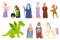 Cartoon medieval fairytale characters, magic unicorn and dragon. Fantasy fairy tale witch and magician, princess, king