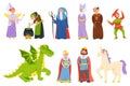 Cartoon medieval fairytale characters, magic unicorn and dragon. Fantasy fairy tale witch and magician, princess, king and queen