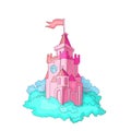 Cartoon medieval fun pink castle with flag and cian grass. Magic cartoon castle for princess from fairy tale icon. Funny