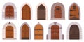 Cartoon Medieval Gates And Doors. Wooden And Stone Fairytale Arched Entries. Palace Or Castle Exterior Design Elements Royalty Free Stock Photo