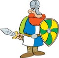 Cartoon medieval knight holding a shield and a sword.