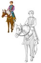 Cartoon medieval nobleman on a horse - with coloring page