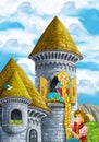 Cartoon medieval scene of a prince and princess - prince is climbing - beautiful manga girl