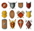 Cartoon medieval shield. Old castle decor, armor with crossed swords, wooden and metal shields vector set