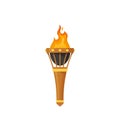 Cartoon Medieval Torch With Burning Fire Game Asset. Illumination In Dungeon Or Castle, Symbol Of Triumph, Torchlight