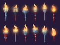 Cartoon medieval torches. Magic torch with fire flame and wooden handle. Ancient burning gaming torchlights for castle