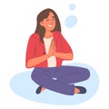 Cartoon meditating businesswoman. Office worker in lotus pose, peaceful female employee practicing yoga flat vector illustration