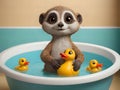 cartoon meerkat sitting in a tub of water with toy ducks