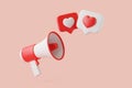 Cartoon megaphone heart sign on notification speech bubble on pink background Royalty Free Stock Photo