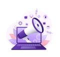 Cartoon megaphone laptop cartoon style for web marketing design. Flat character. Online technology concept vector