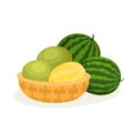 Cartoon melons in basket and watermelons isolated on white Royalty Free Stock Photo