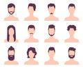 Cartoon men avatars fashion hairstyles, mustaches and beards. Male modern short and long haircuts. Barber shop hair