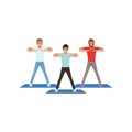 Cartoon men doing sport exercise. Three young guys warming-up before training. People in gym fitness center. Healthy