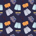 Cartoon men underwear seamless pattern. Boys undergarment. Male trunks and shorts with funny prints. Cotton underclothes