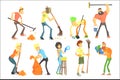 Cartoon men and women cleaning in house and outdoors. Funny people characters with various equipment Colorful flat