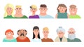 Cartoon men and women couples portraits set. Male and female various age people icons collection.