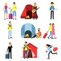 Cartoon men and women tourists characters set. Camping recreation with guitar, hiking, people with luggage, family