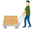 Cartoon men worker carrying boxes on pushcart