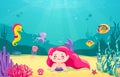 Cartoon mermaid background with fish, rocks, coral, starfish, octopus, sea horse, seaweed, pearl, jellyfish. Underwater